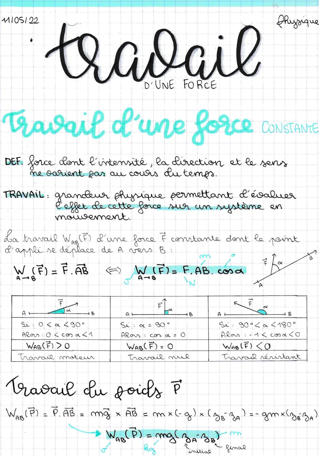 M1105122
travail
D'UNE FORCE
Travail d'une force
DEF. force dont l'intensité, la direction et le sens
ne varient pas au cours du temps.
TRAV