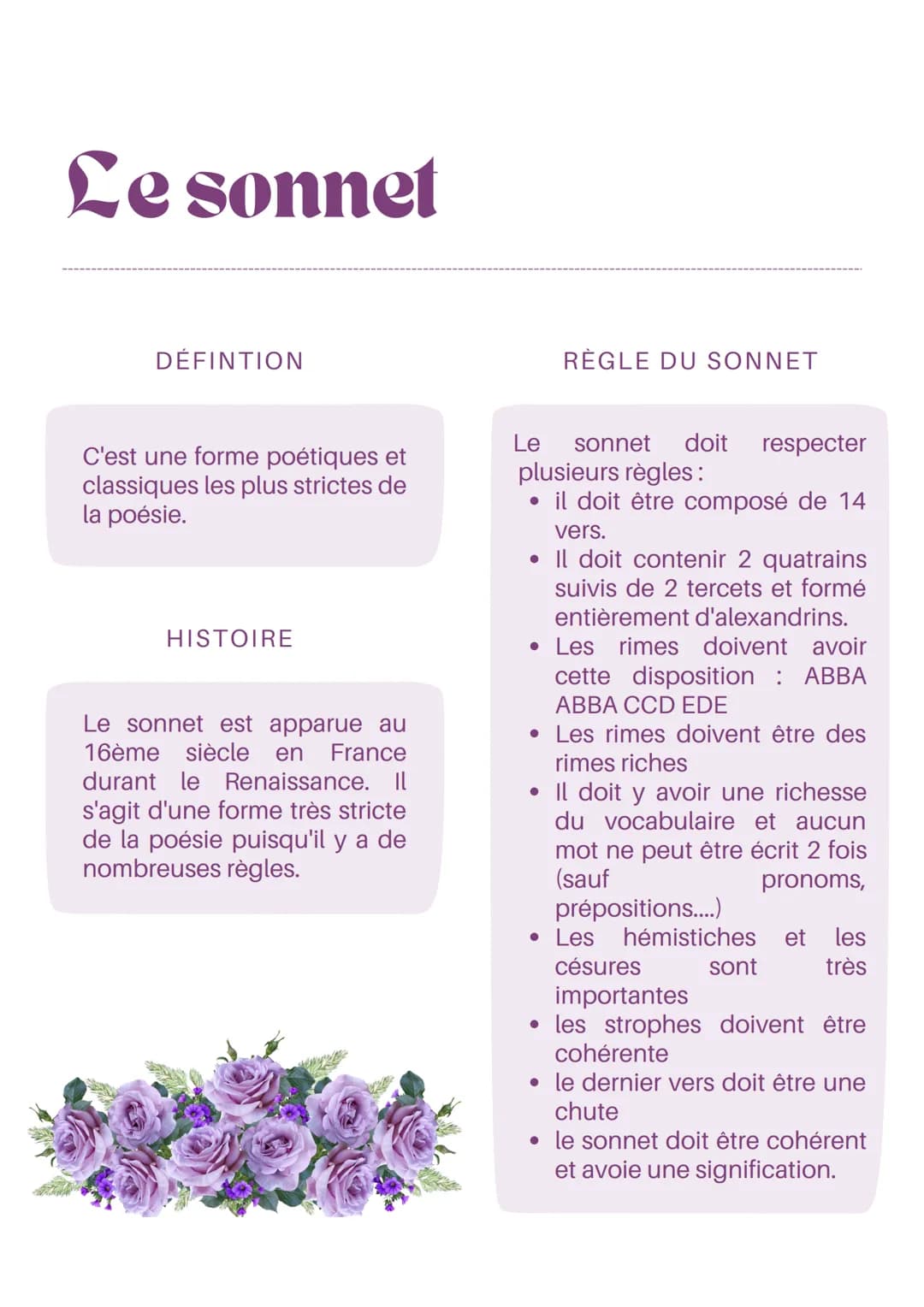 Le sonnet
DÉFINTION
C'est une forme poétiques et
classiques les plus strictes de
la poésie.
HISTOIRE
Le sonnet est apparue au
16ème siècle e