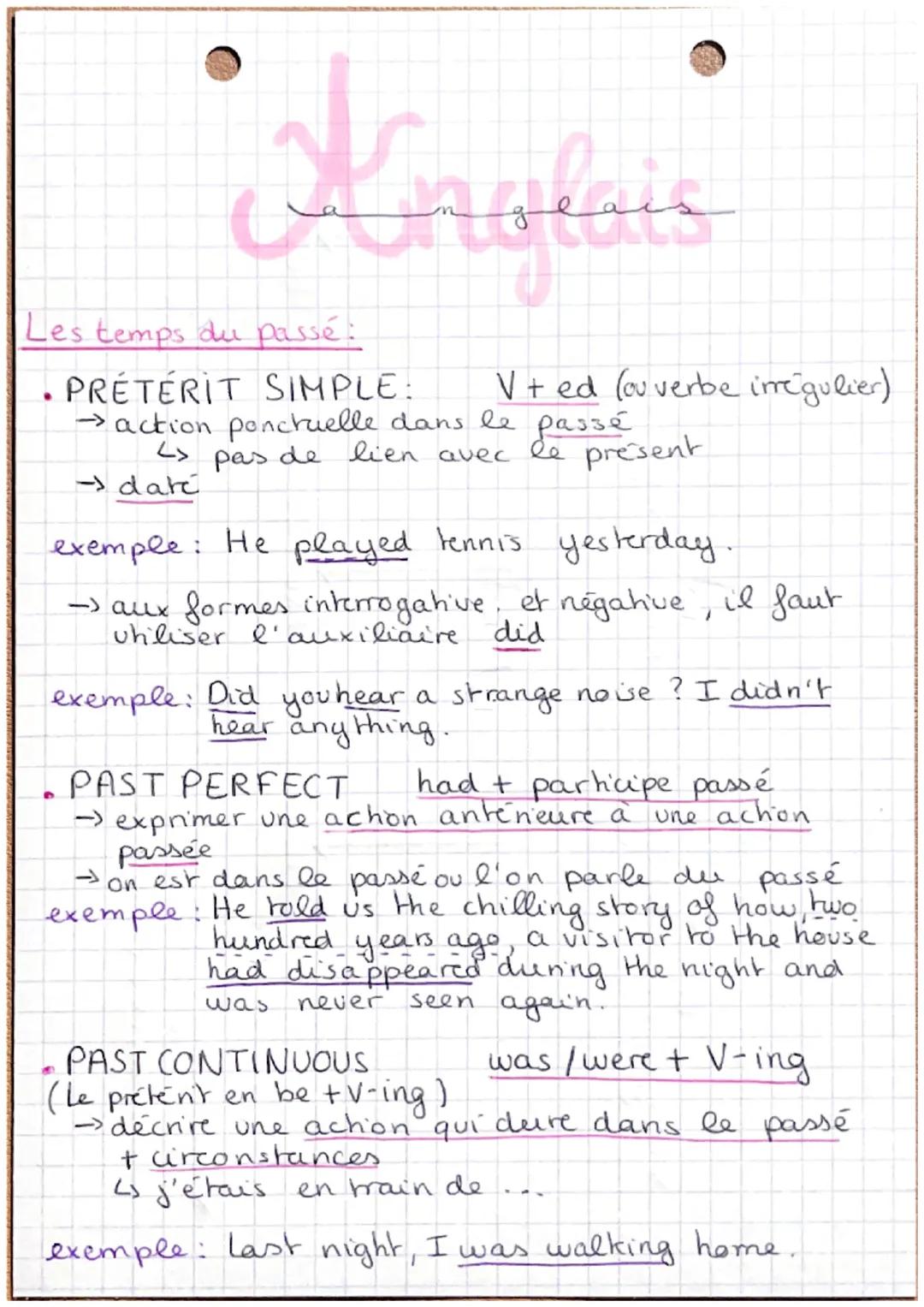 Anglais
Les temps du passé:
PRETÉRIT SIMPLE:
V+ed (ou verbe irrégulier)
action ponctuelle dans le passé
pas de lien avec
LS
→date
le
present