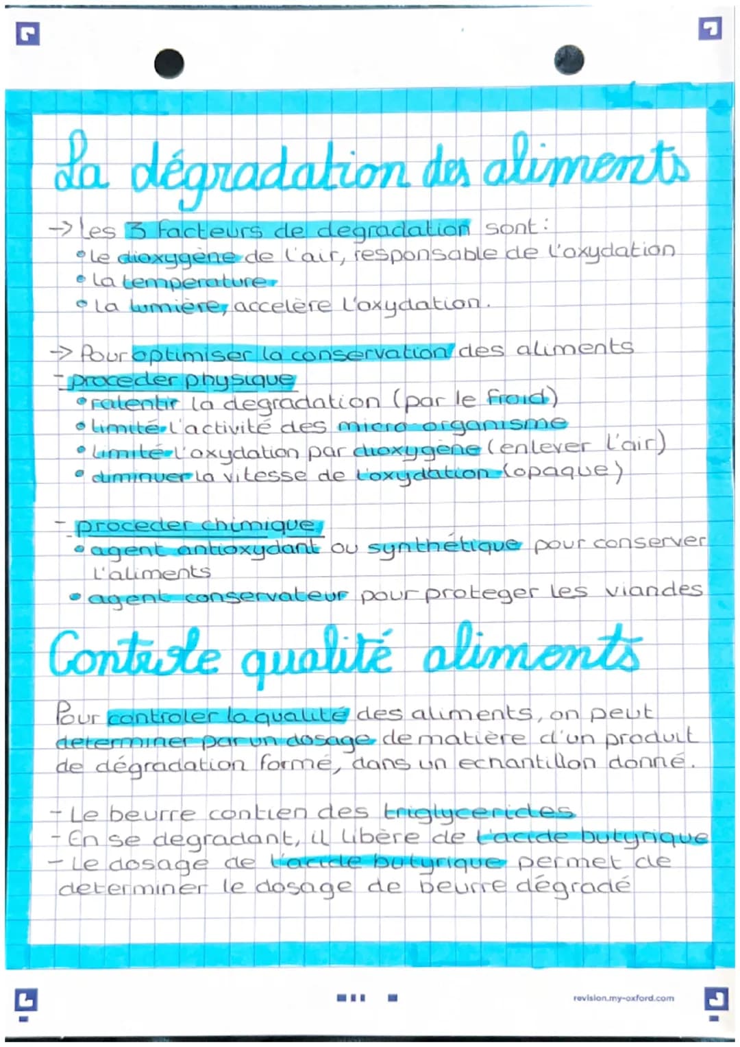 La dégradation des aliments
->Les 3 facteurs de degradation sont:
le dioxygène de l'air, responsable de l'oxydation
e la temperature.
la lum