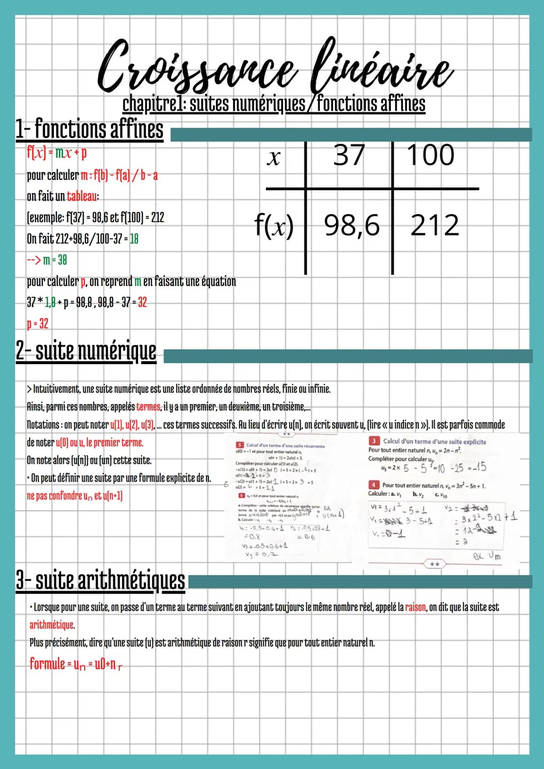 Croissance linéaire
chapitrel: suites numériques fonctions affines
1- fonctions affines
f(x)=mx+p
pour calculer m: f[b]-f[a]/b-a
on fait un 