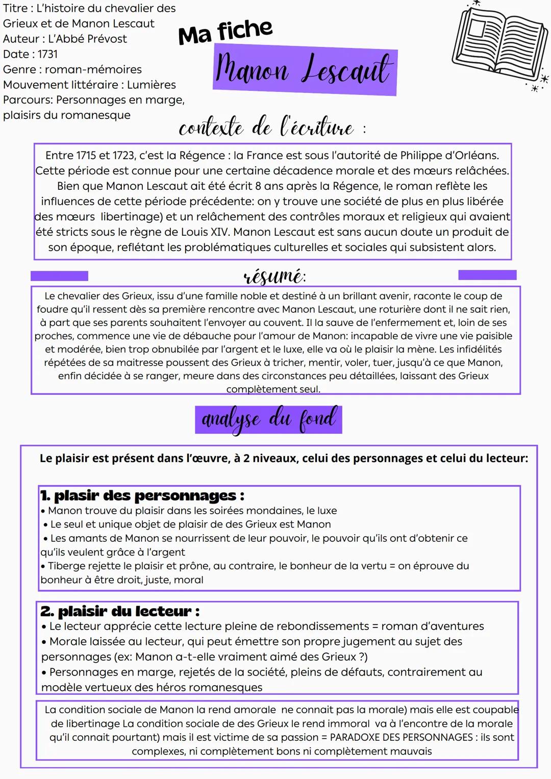 ## Ma fiche

## Manon Lescaut

### contexte de l'écriture :

Entre 1715 et 1723, c'est la Régence: la France est sous l'autorité de Philippe