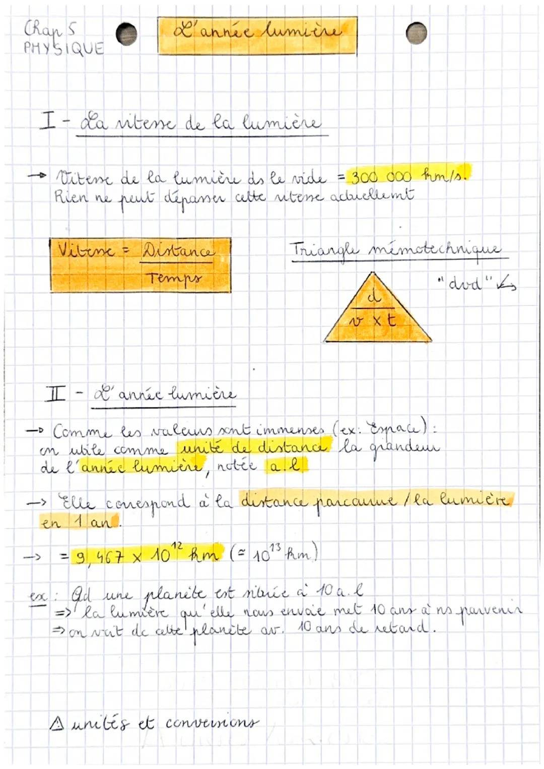 Chap 5
PHYSIQUE
I - La vitesse de la lumière
→ Vitense de la lumière ds le vide = 300 000 km/s.
peut dépasser cette ritense actuellemt
Rien 