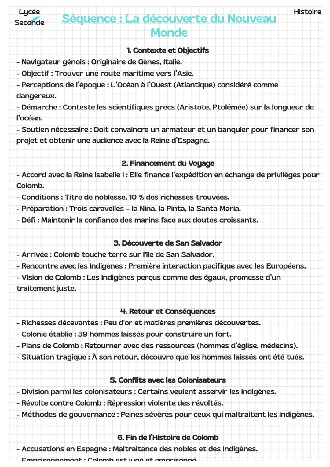 Lycée
Seconde
Histoire
Séquence : La découverte du Nouveau
Monde
1. Contexte et Objectifs
- Navigateur génois : Originaire de Gènes, Italie.