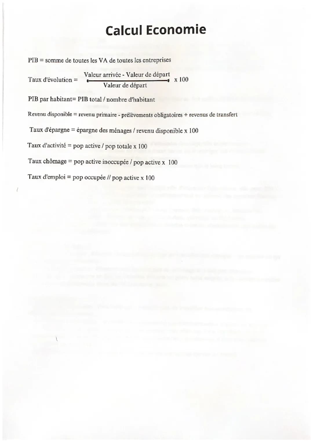 1
Calcul Economie
PIB = somme de toutes les VA de toutes les entreprises
Valeur arrivée - Valeur de départ
Valeur de départ
Taux d'évolution
