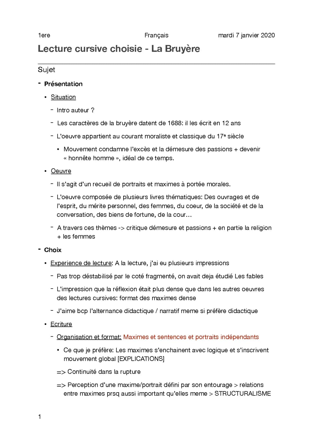 Lecture cursive 1ère - Les caractères de La Bruyère