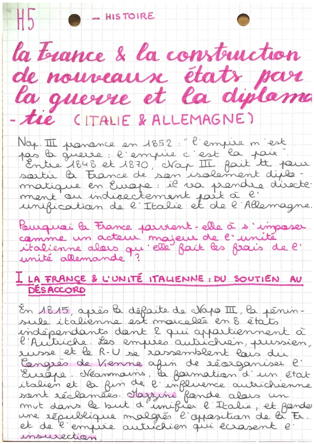 H5
la France & la construction
de nouveaux états par
la guerre et la diploma
-tie CITALIE & ALLEMAGNE)
6
HISTOIRE
Nap. III prononce en 1852.