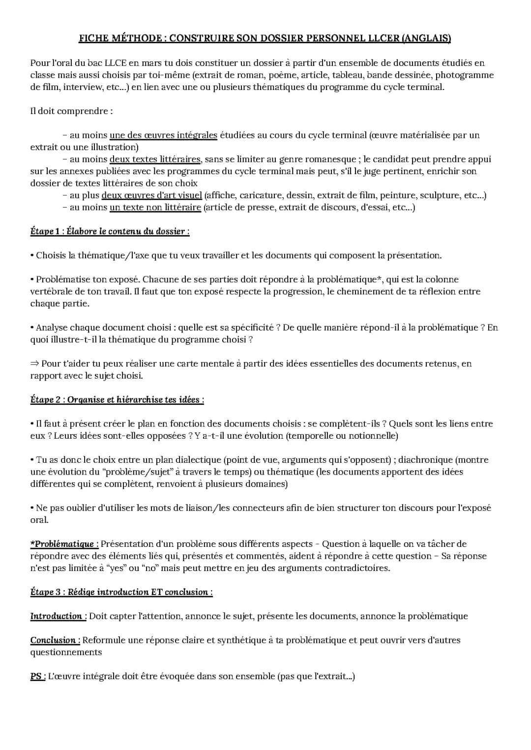 Exemple de Dossier Personnel LLCE Terminale - Méthodologie et Exemples