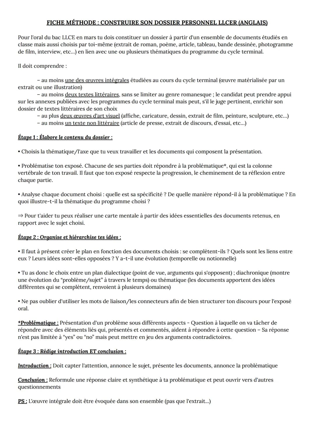 
<p>Pour l'épreuve orale du bac LLCE en mars, tu dois constituer un dossier à partir d'un ensemble de documents étudiés en classe mais aussi