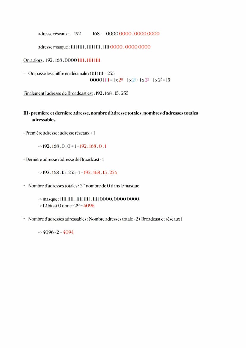 I-adresse de réseau, masque
Masques, Réseaux, Broadcast
1° << développer »> le masque
20 signifie qu'il y a 20 bits à 1, on à donc le masque
