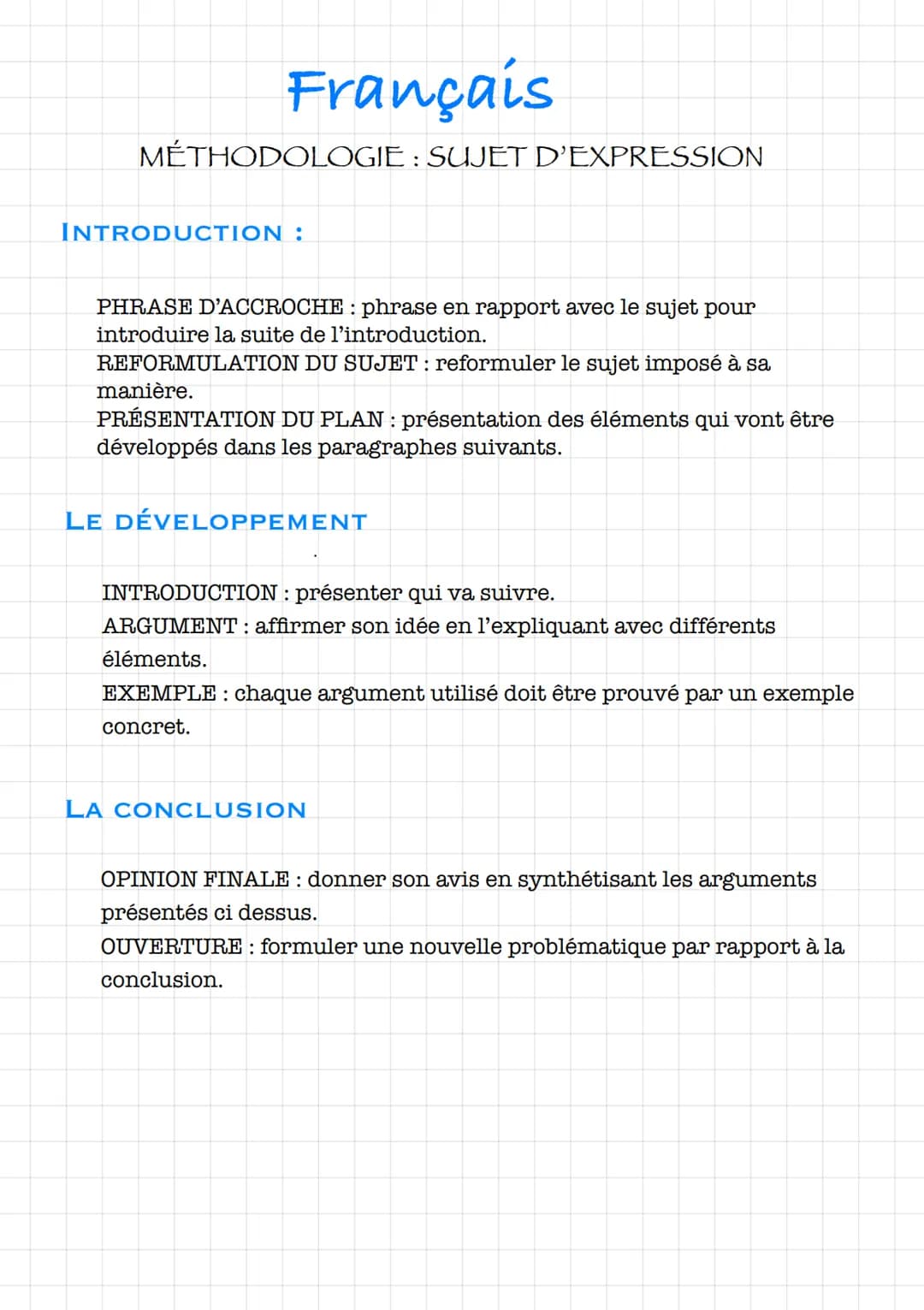 Français
MÉTHODOLOGIE : SUJET D’EXPRESSION
INTRODUCTION :
PHRASE D'ACCROCHE: phrase en rapport avec le sujet pour
introduire la suite de l'i