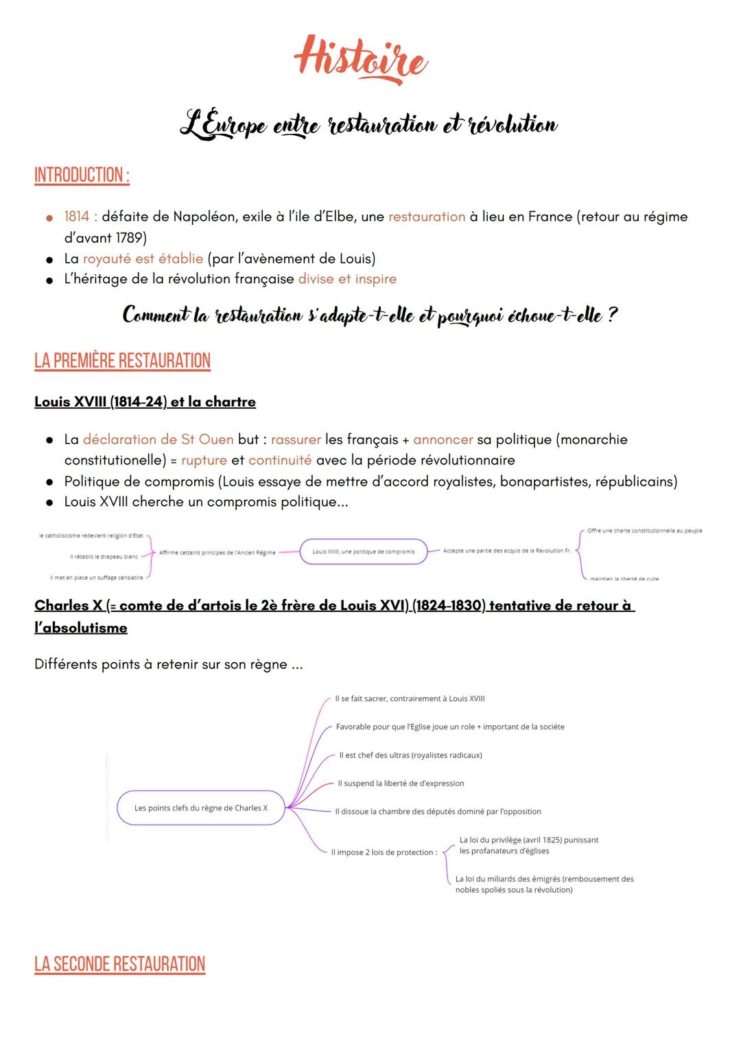 Histoire
L'Europe entre restauration et révolution
INTRODUCTION:
• 1814: défaite de Napoléon, exile à l'ile d'Elbe, une restauration à lieu 