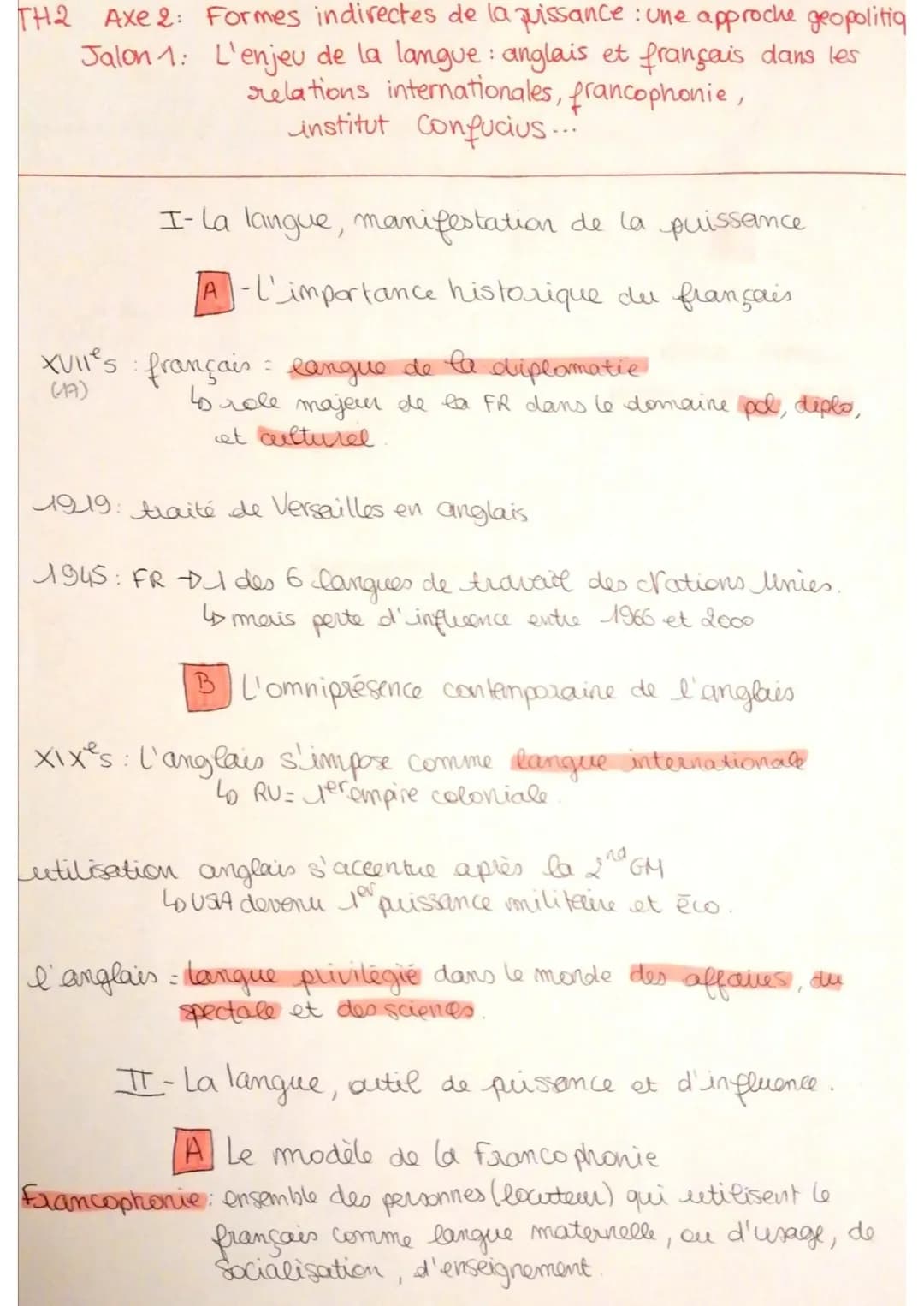 TH2 Axe 2: Formes indirectes de la puissance : une approche geopolitiq
Jalon 1: L'enjeu de la langue : anglais et français dans les
relation