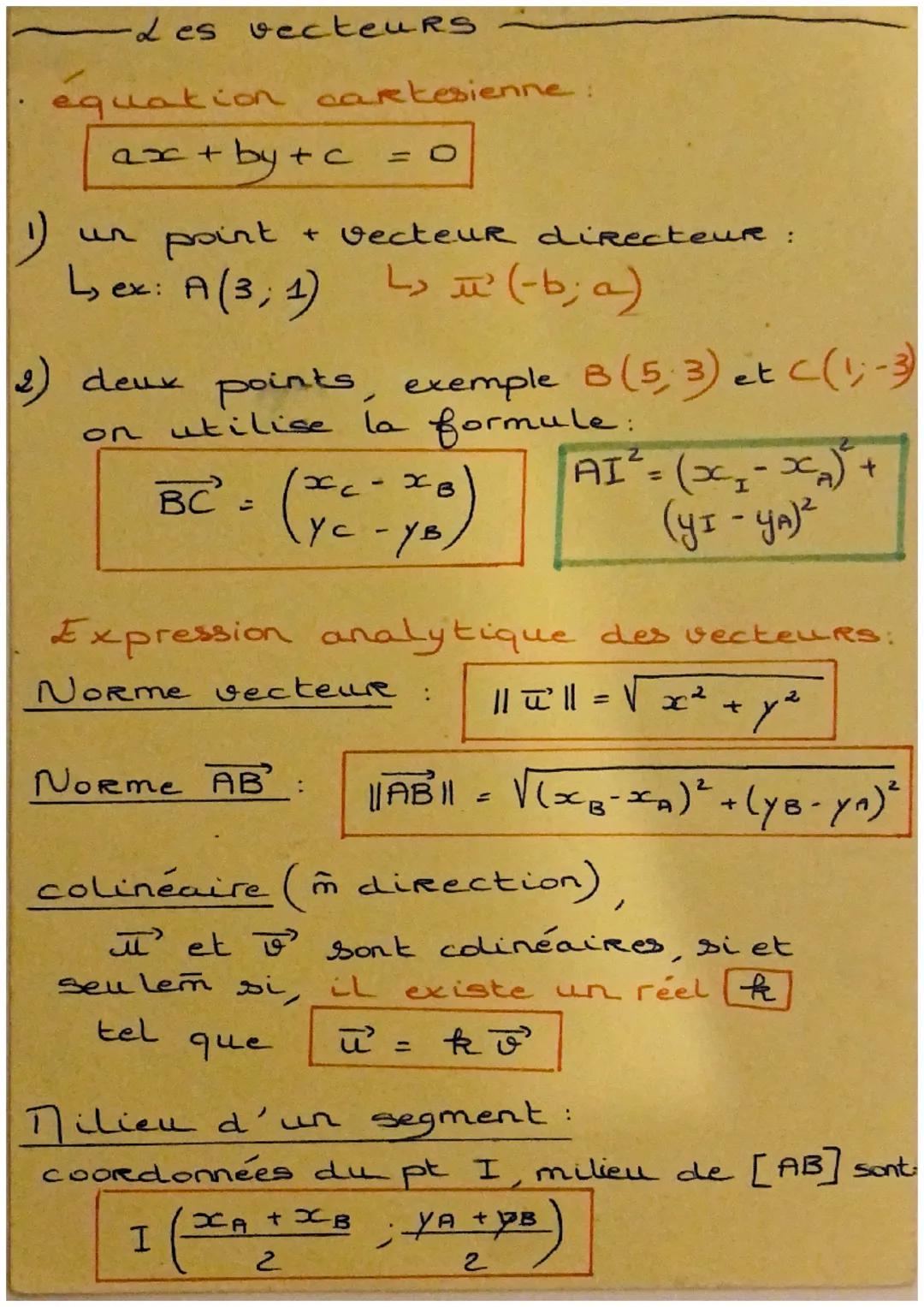 - Les vecteuRS

équation cartesienne:
$ax + by + c = 0$

1) un point + vecteur directeur :
Lex: A(3; 1) L↳ تر )-b; a(

2) deux points, exemp