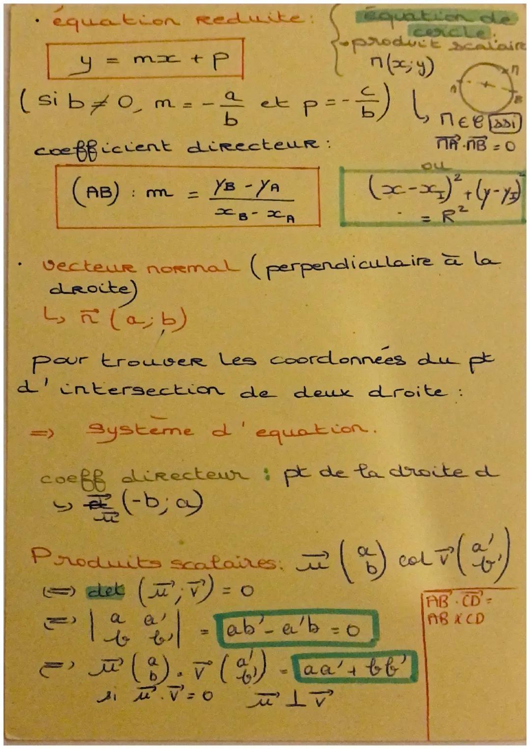- Les vecteuRS

équation cartesienne:
$ax + by + c = 0$

1) un point + vecteur directeur :
Lex: A(3; 1) L↳ تر )-b; a(

2) deux points, exemp