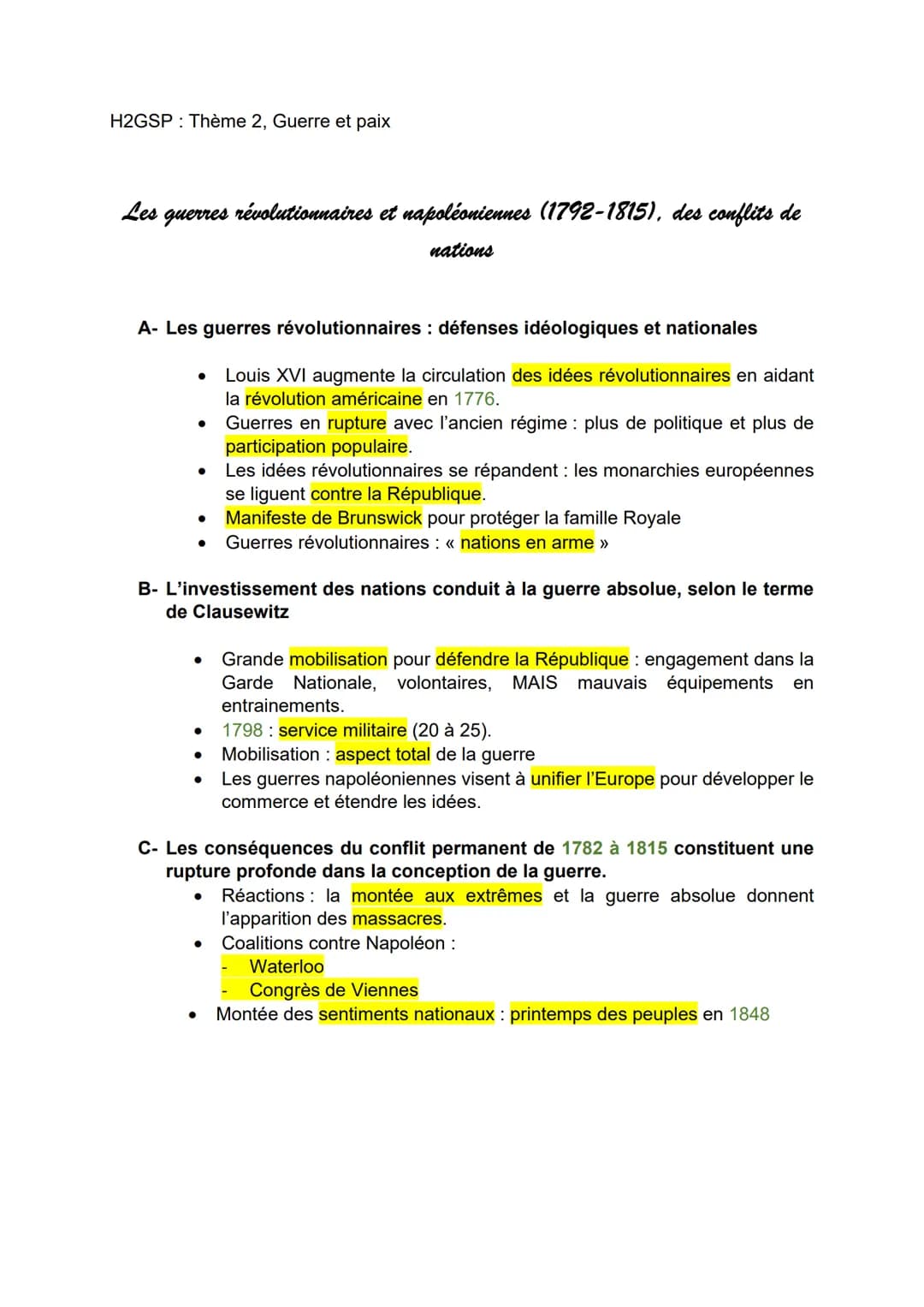 H2GSP Thème 2, Guerre et paix
Les guerres révolutionnaires et napoléoniennes (1792-1815), des conflits de
nations
A- Les guerres révolutionn