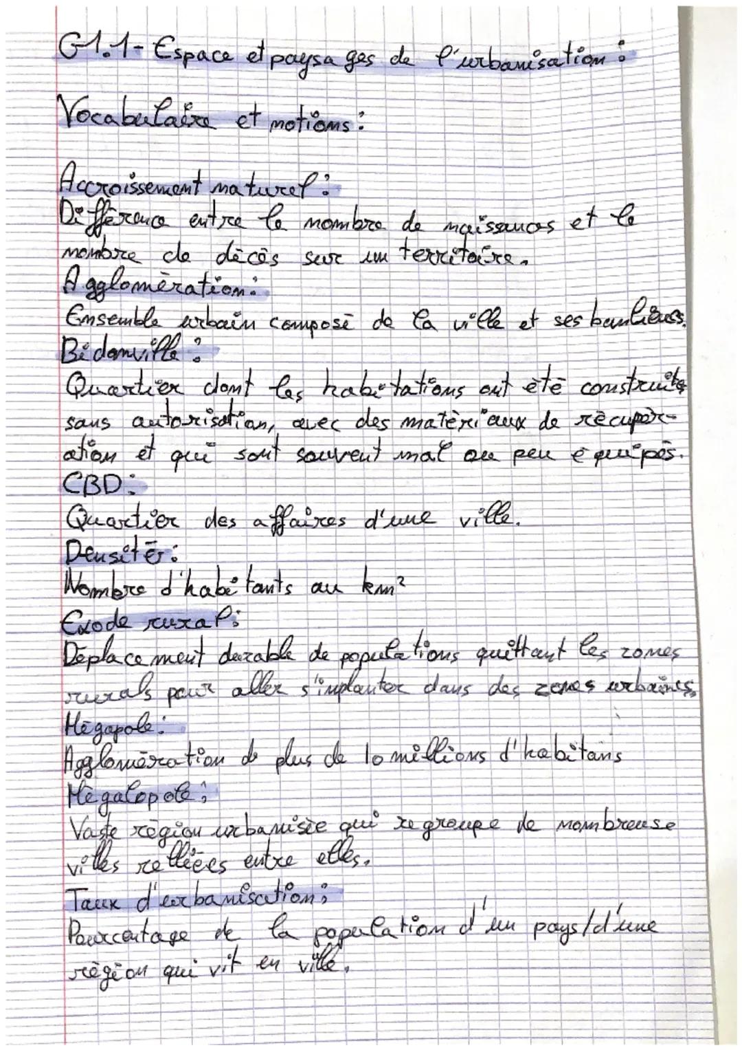 G1.1- Espace et paysages de l'urbanisation •
Vocabulaire et motions:
Accroissement naturel :
Difference entre le nombre de
nombre de décès s