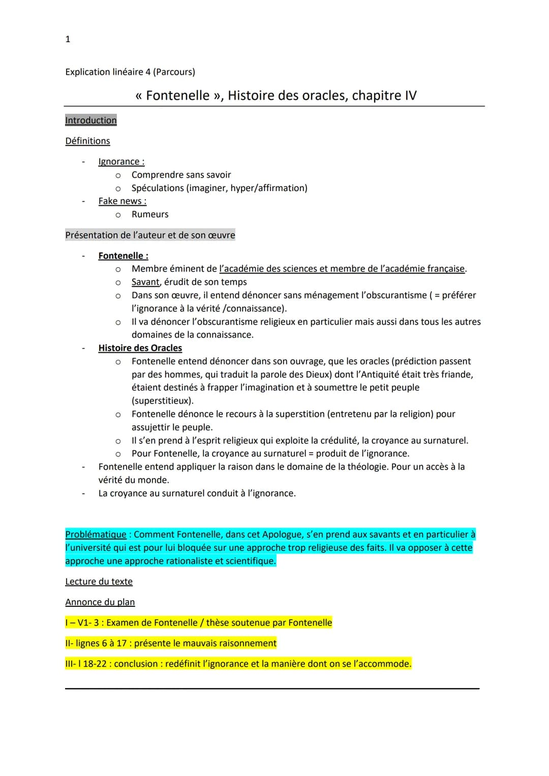 1
Explication linéaire 4 (Parcours)
Introduction
Définitions
Ignorance :
o Comprendre sans savoir
o Spéculations (imaginer, hyper/affirmatio