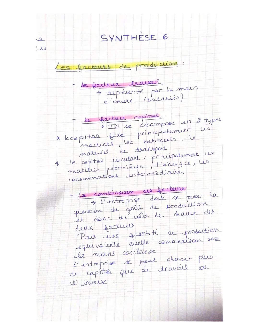 ف
м
# SYNTHÈSE 6

Les facteurs de production:

- le factuur travail
  → représenté par la main
  d'deure Isalariés)

- le factuur capital
  