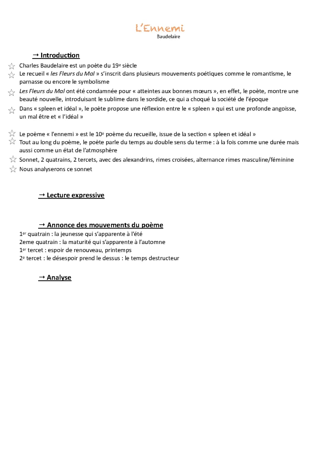 Résumé et analyse du poème l'Ennemi de Baudelaire
