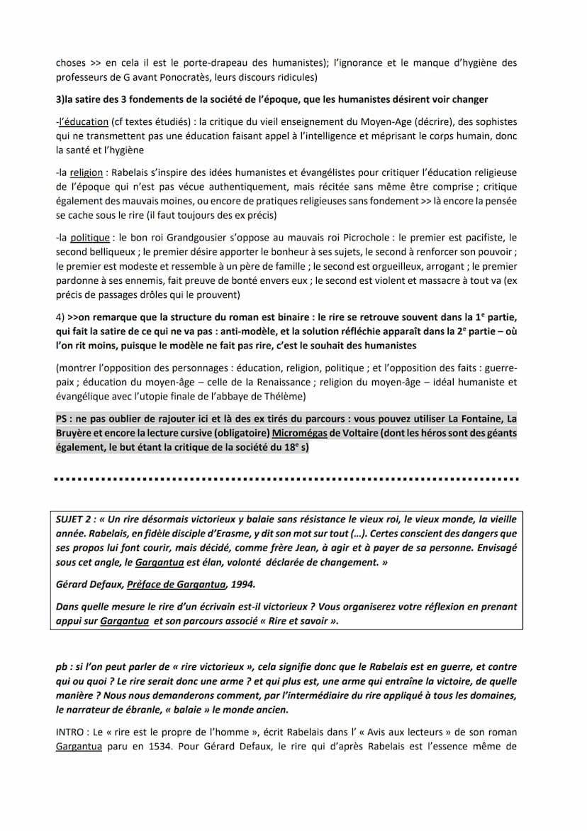 DISSERTATIONS SUR GARGANTUA DE RABELAIS XVI es
SUJET 1 : En quoi peut-on dire que G de François Rabelais prête autant à rire qu'il
donne à p