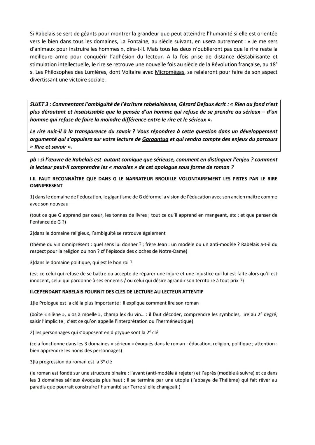 DISSERTATIONS SUR GARGANTUA DE RABELAIS XVI es
SUJET 1 : En quoi peut-on dire que G de François Rabelais prête autant à rire qu'il
donne à p