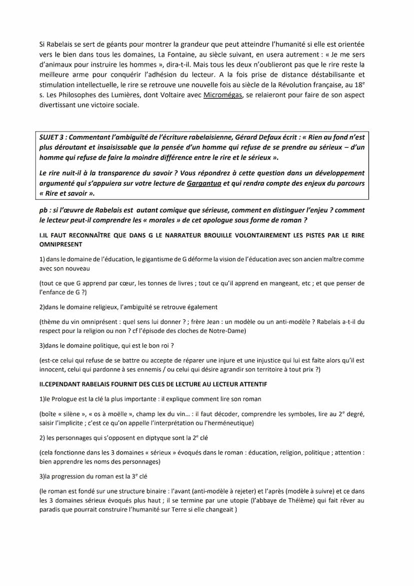 DISSERTATIONS SUR GARGANTUA DE RABELAIS XVI es
SUJET 1 : En quoi peut-on dire que G de François Rabelais prête autant à rire qu'il
donne à p