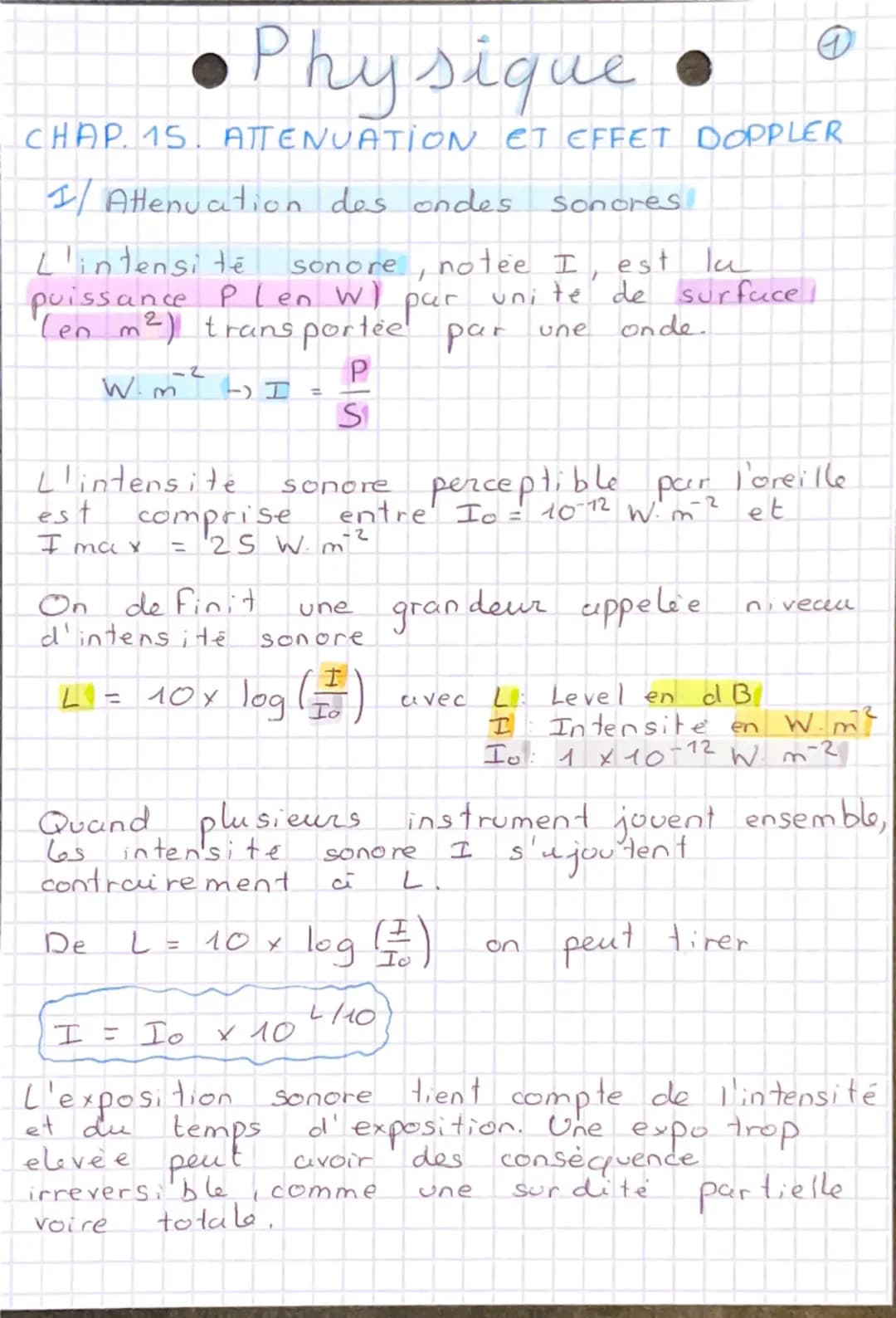 Physique
CHAP. 15. ATTENUATION ET EFFET DOPPLER
I/ Attenuation des ondes.
L'intensité
Sonores
sonore, notee I, est la
puissance Plen W) par 