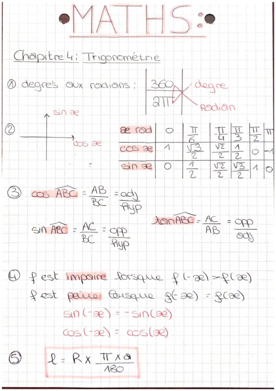 (2
•MATHS:•
ΜΑΤ
Chapitre 4: Trigonométrie
degres aux radians:
3
sin æ
cos se
Sin ABC
cos ABC = AB = adj
BC
Ayp
AC =
BC
a rod
cos x
sin æ
opp