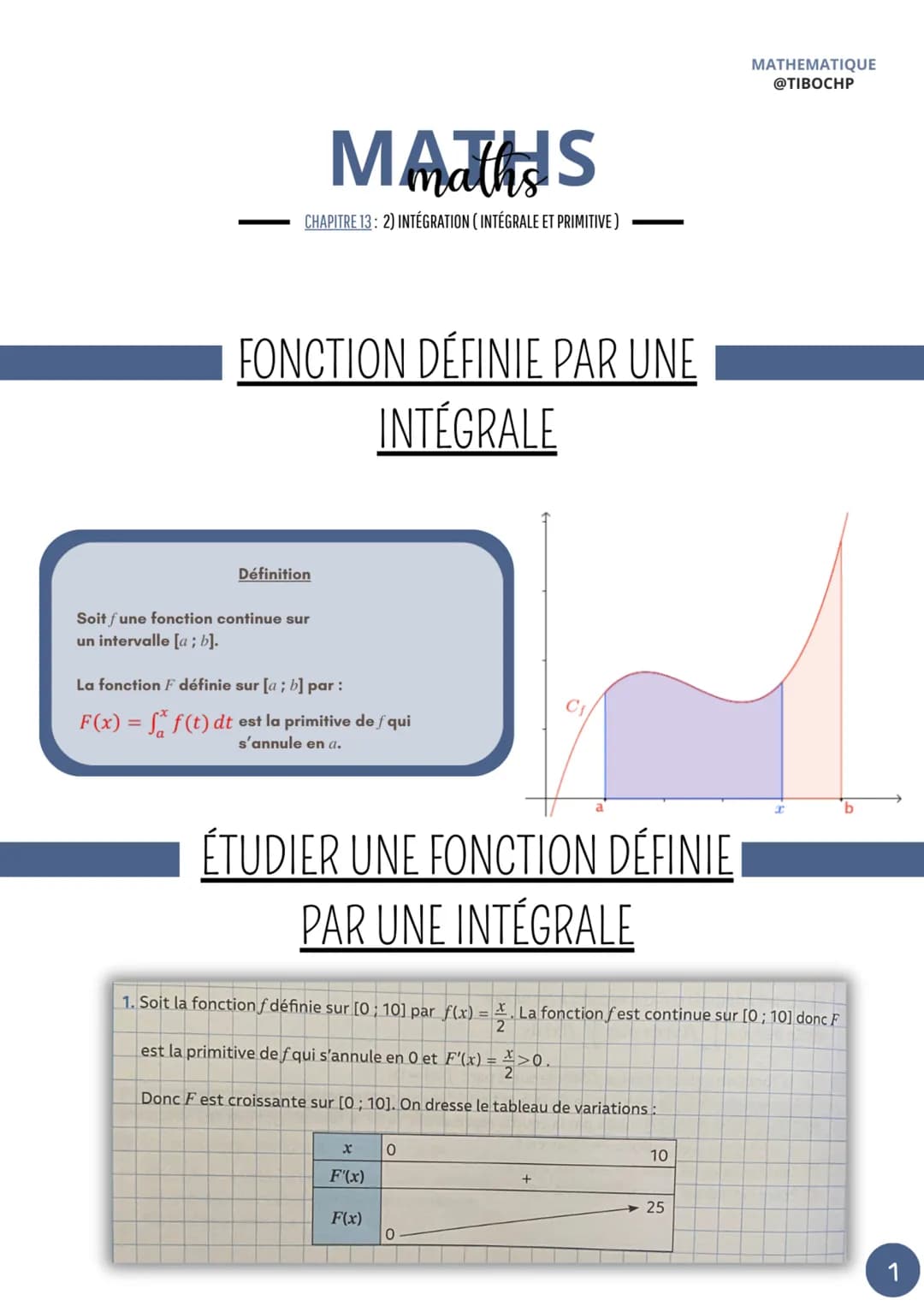 --- OCR Start ---
MATHS
CHAPITRE 13: 2) INTÉGRATION (INTÉGRALE ET PRIMITIVE)
FONCTION DÉFINIE PAR UNE
INTÉGRALE
Définition
Soit une fonction