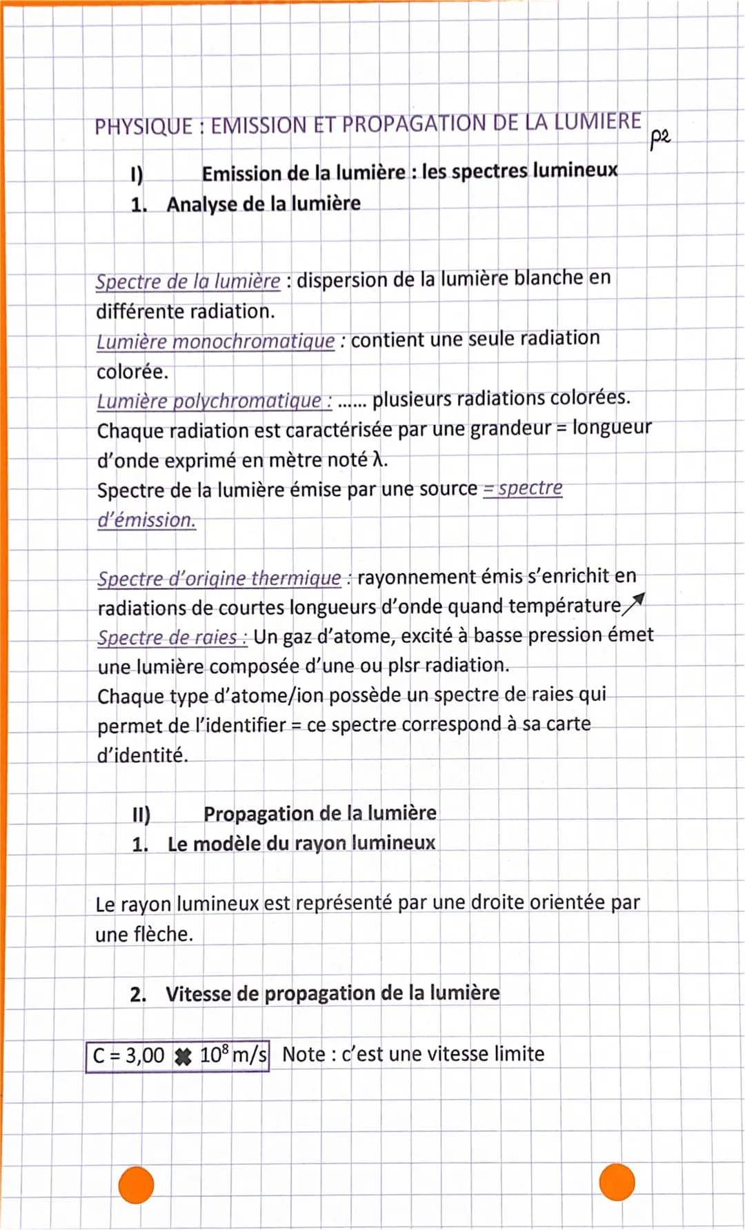 PHYSIQUE EMISSION ET PROPAGATION DE LA LUMIERE
I) Emission de la lumière : les spectres lumineux
1. Analyse de la lumière
Spectre de la lumi