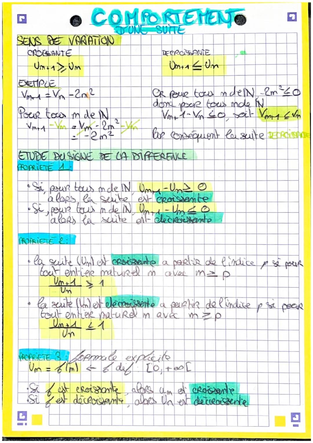 SENS DE VARATION
CROSSANTE
COMPORTEMENT.
DONE SUITE
Um. Um
EXEMPLE
Vor1 = V₁₂-20₁²
Pour tour in de N
=-20²
2
e
!G
DECROISSANTE
Umia < Un
OR 