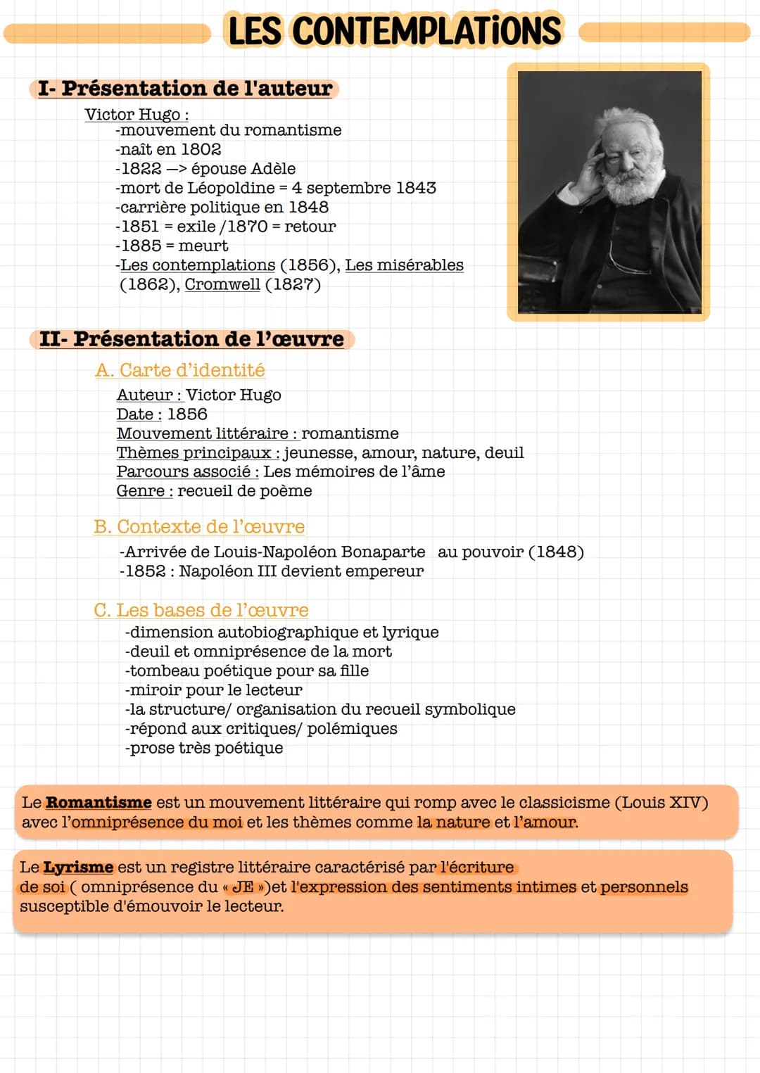 LES CONTEMPLATIONS
I- Présentation de l'auteur
Victor Hugo :
-mouvement du romantisme
-naît en 1802
-1822 -> épouse Adèle
-mort de Léopoldin