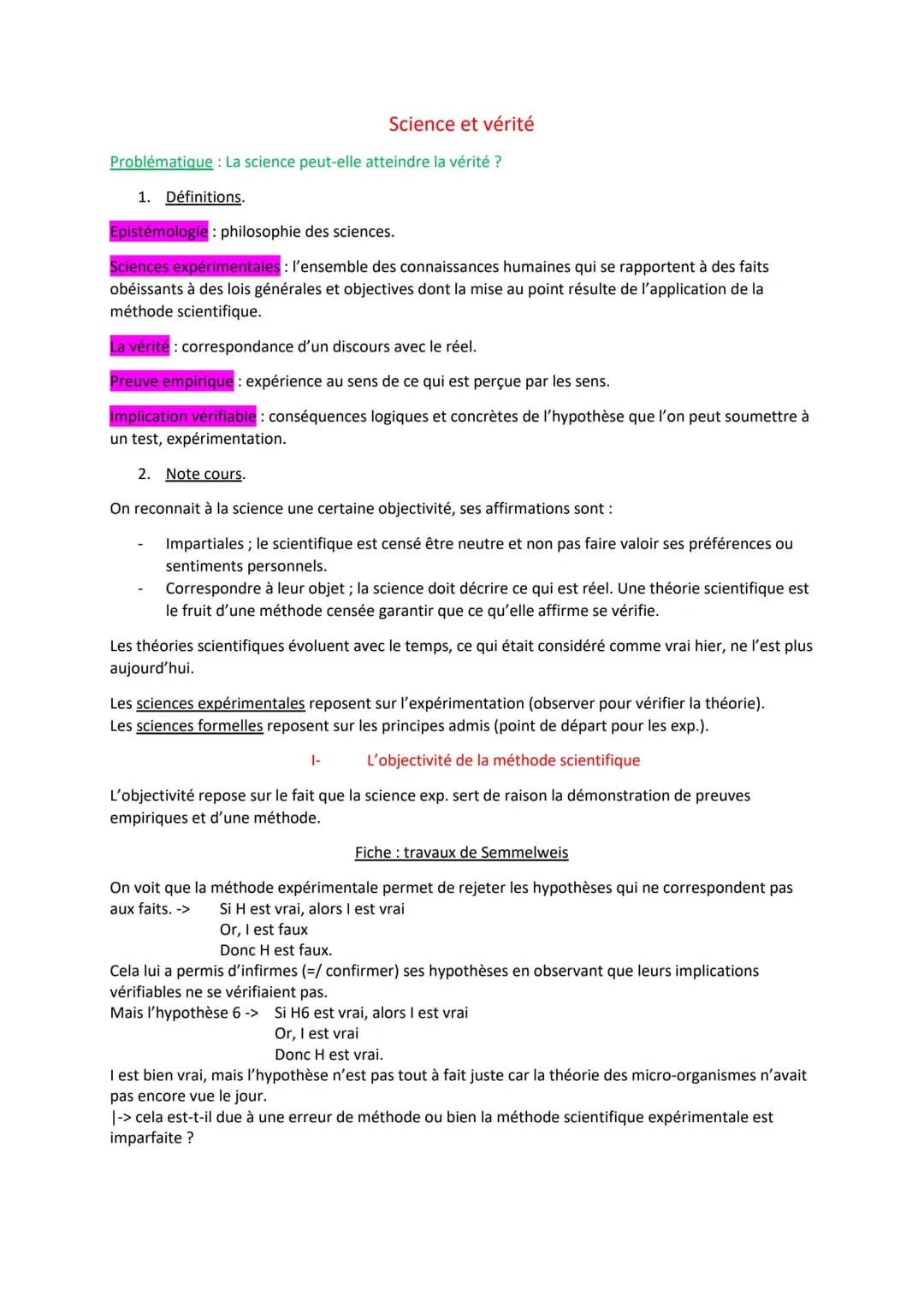 Science et vérité
Problématique : La science peut-elle atteindre la vérité ?
1. Définitions.
Epistémologie: philosophie des sciences.
Scienc