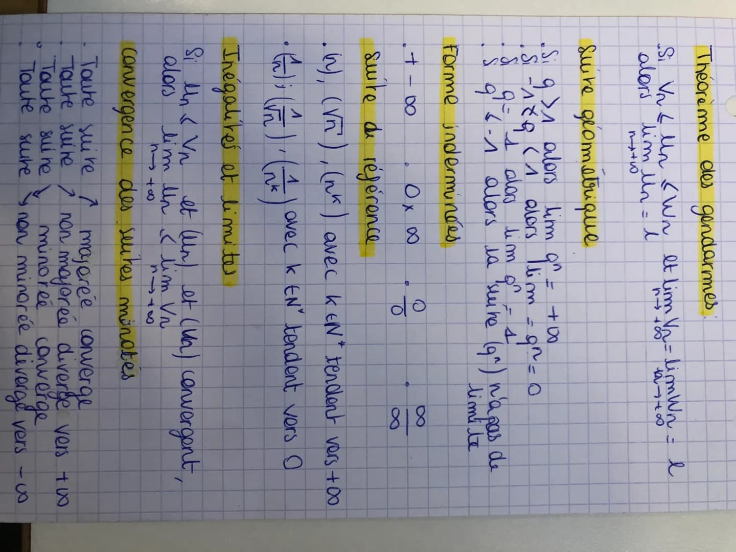 Théorème des gendarmes.
Si Vn Mn (Wn It lim V₁ = limWn = l
alors lim ln = l
74180
6178
matw
Suite geometrique
• Si 9 >1 alors lim on = +00
S