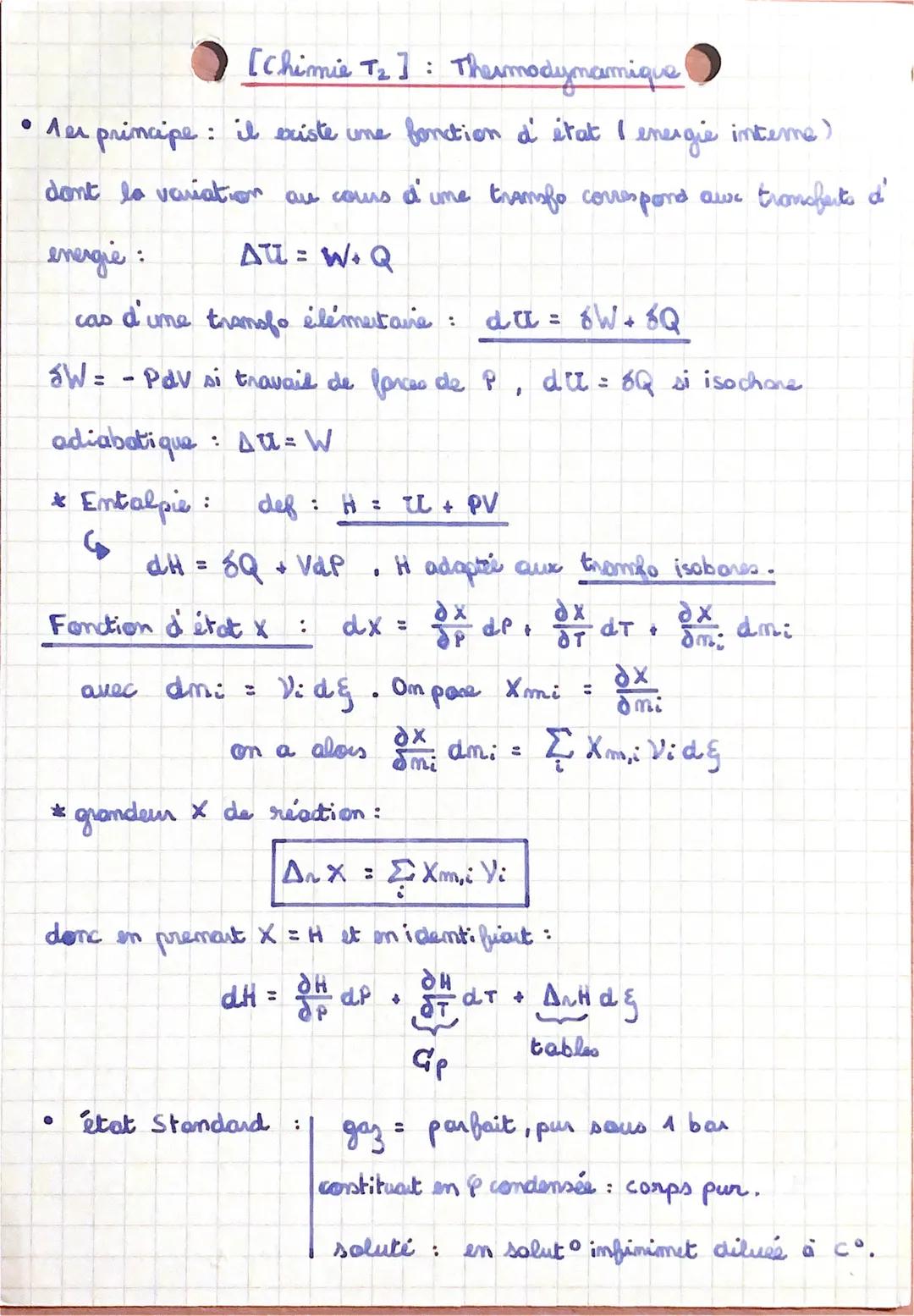 [Chimie T₂]: Thermodynamique
• 1er principe : il existe une fonction d' état I
interme)
dont la variation au cours d'une transfo correspond 
