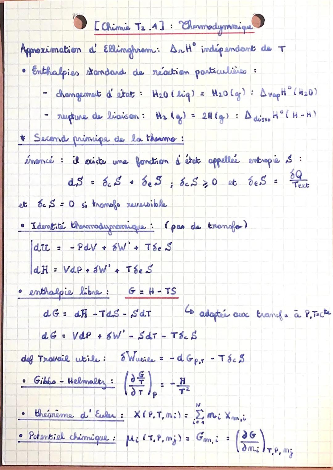 [Chimie T₂]: Thermodynamique
• 1er principe : il existe une fonction d' état I
interme)
dont la variation au cours d'une transfo correspond 