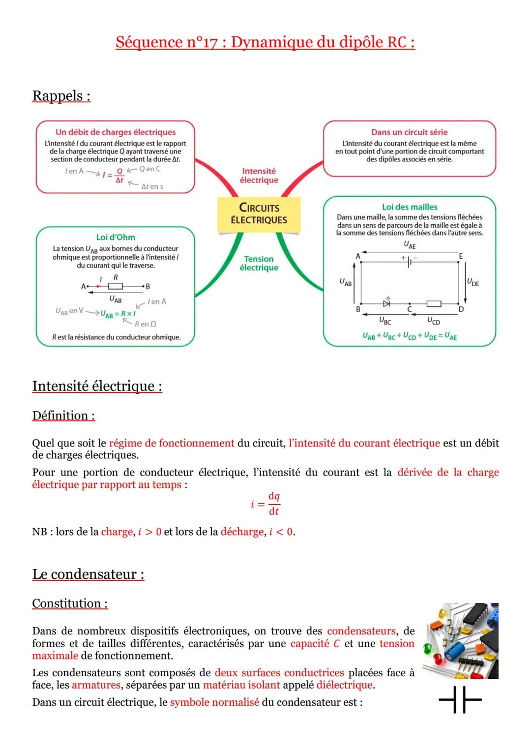 Rappels:
Séquence n°17: Dynamique du dipôle RC :
Un débit de charges électriques
L'intensité / du courant électrique est le rapport
de la ch