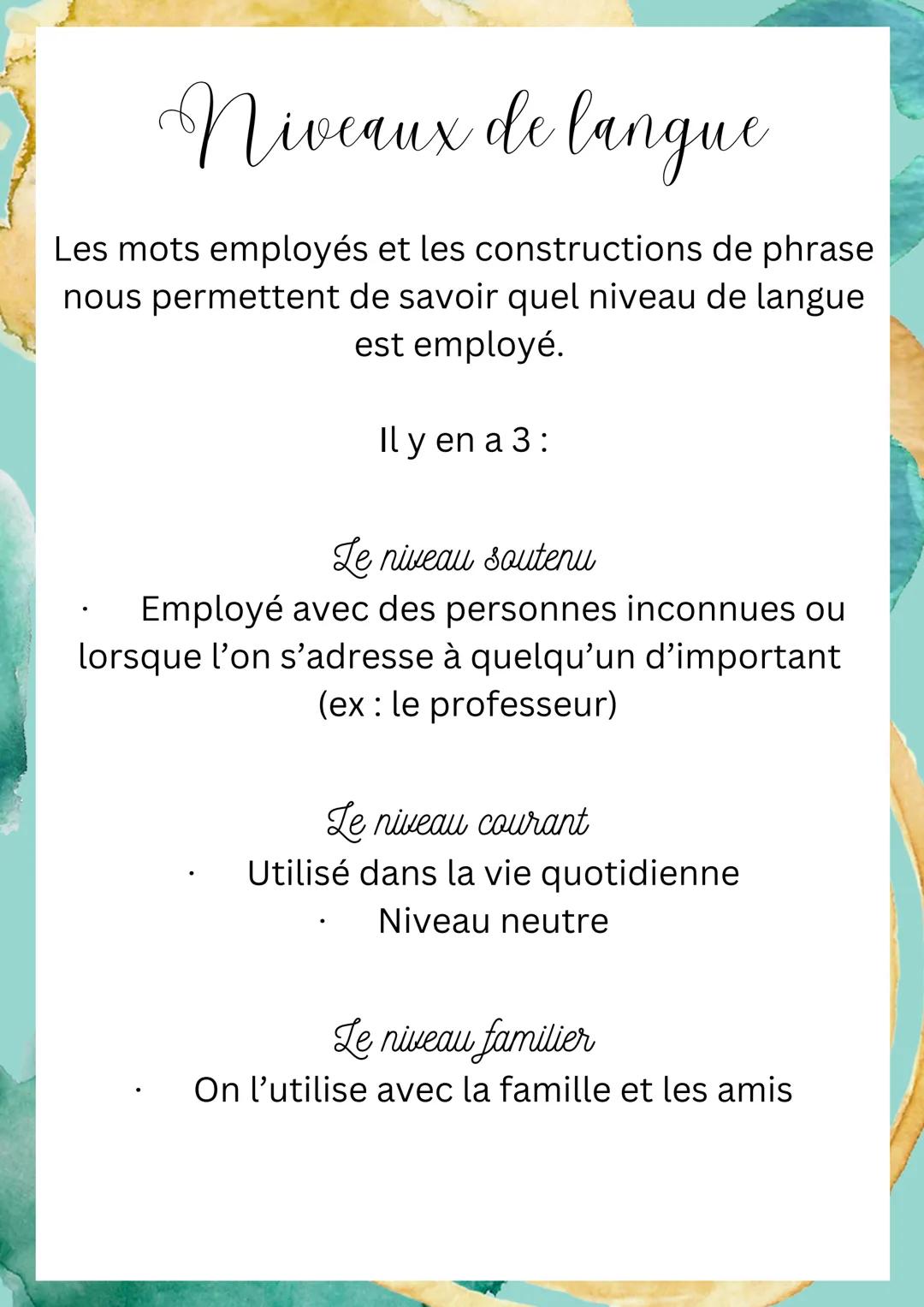 # Niveaux de langue

Les mots employés et les constructions de phrase
nous permettent de savoir quel niveau de langue
est employé.

Il y en 