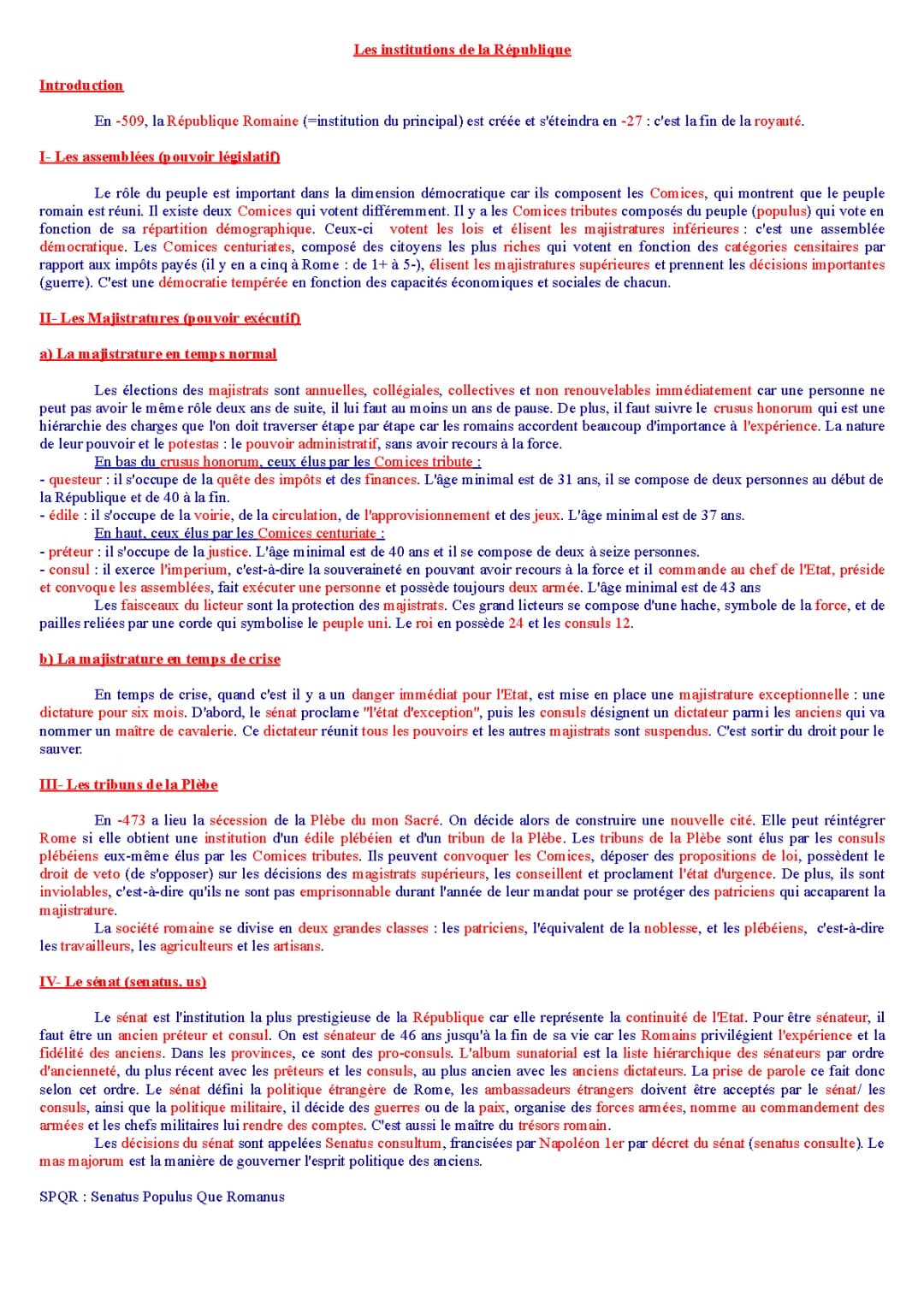 Les Institutions et la République Romaine - Schémas et PDF