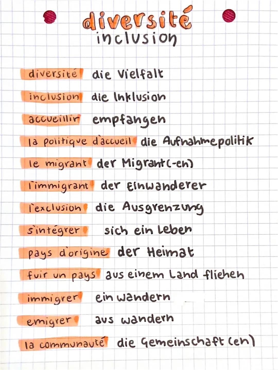 diversité
inclusion
diversité
die Vielfalt
inclusion die Inklusion
accueillir empfangen
la politique d'accueil die Aufnahme politik
le migra