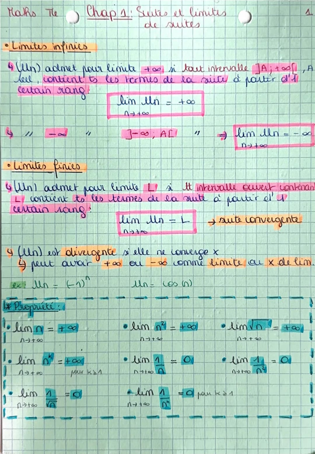 --- OCR Start ---
Maths The
Chap 1: Sutes et limites
4
de suites
• Limites infinies
4 (Un) admet pour limite + os si tout intervalle JA; +∞,