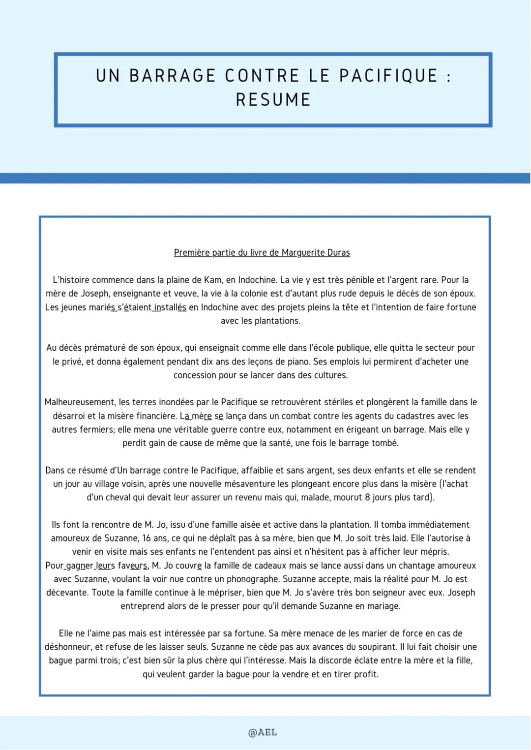 UN BARRAGE CONTRE LE PACIFIQUE :
RESUME
Première partie du livre de Marguerite Duras
L'histoire commence dans la plaine de Kam, en Indochine