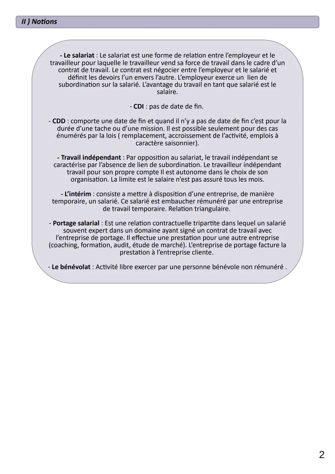 Thème 1
CHAP 3
LIMAUX Oriane
1) Les différentes relations :
Le salariat
- CDI
- CDD
Contrat de travail
Travailleur intérimaire
Contrat de tr