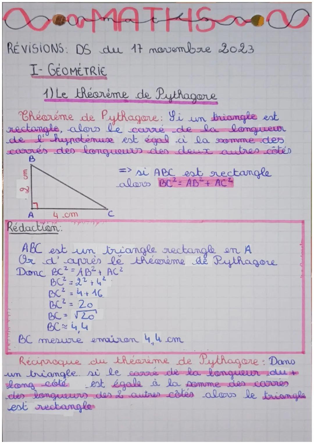 DOMATHIS
REVISIONS: DS du 17 novembre 2023
I- GEOMETRIE
1) Le théorème de Pythagore
Chéorème de Pythagore: Si un triangle est
rectangle, alo