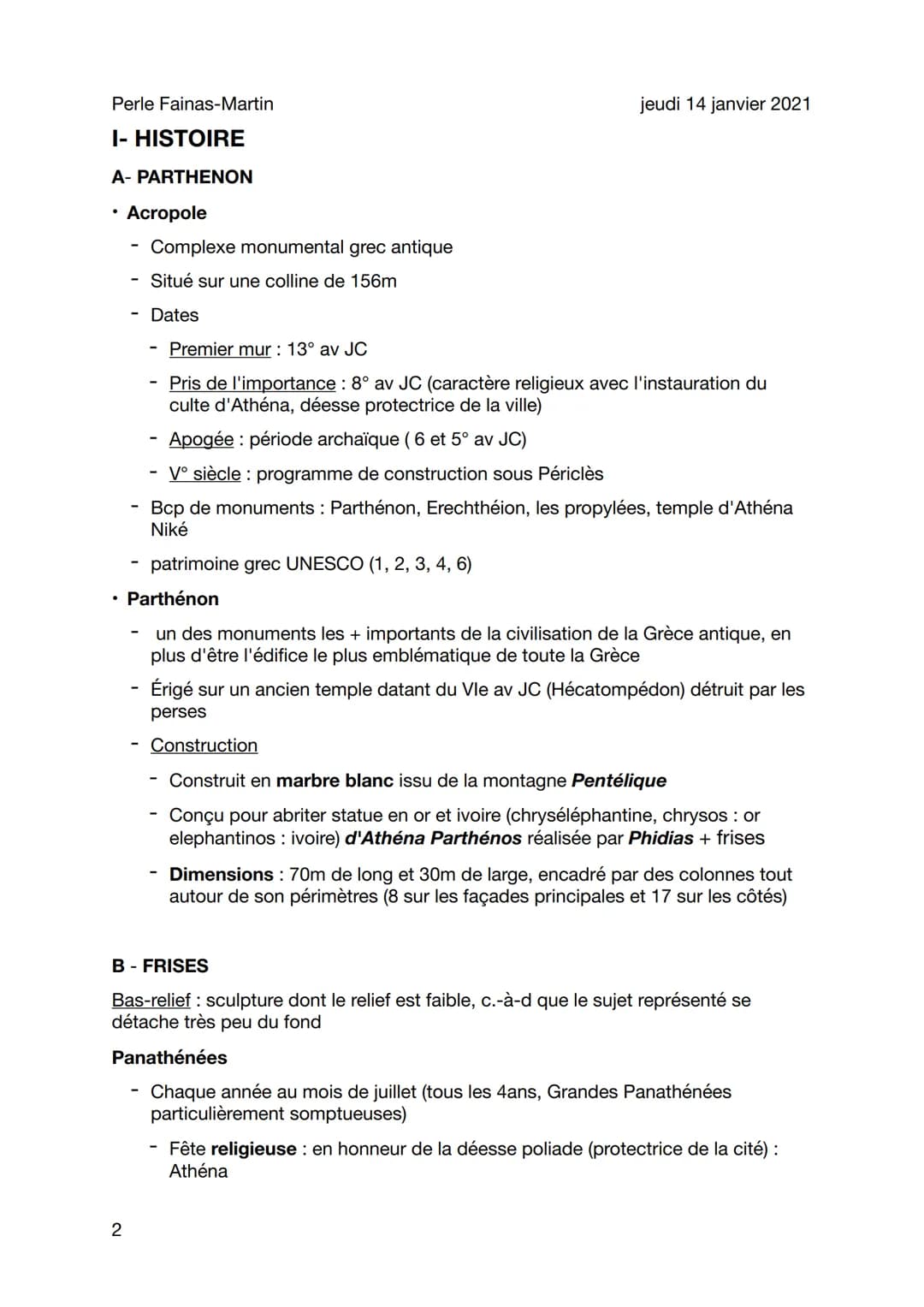 Perle Fainas-Martin
Exposé frises Parthénon
• Période archaïque
- naissance des cités
Alphabet grec (après linéaires)
- 1er JO
• Période cla