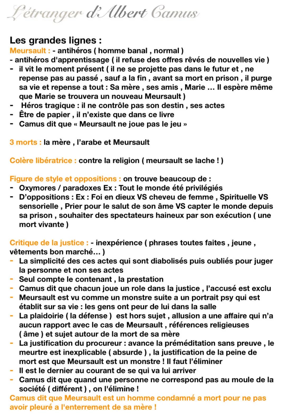 L'étranger d'Albert Camus
Les grandes lignes :
Meursault: - antihéros (homme banal, normal)
- antihéros d'apprentissage (il refuse des offre