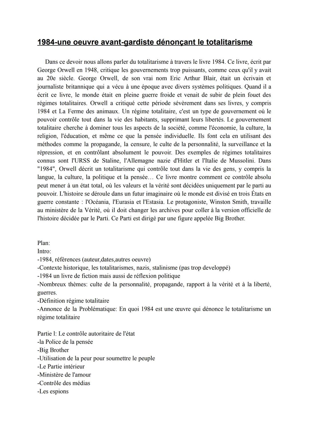 # 1984-une oeuvre avant-gardiste dénonçant le totalitarisme

Dans ce devoir nous allons parler du totalitarisme à travers le livre 1984. Ce 