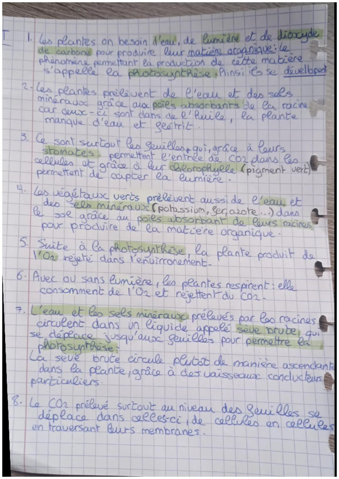 1. Les plantes on besoin d'eau, de lumière et de dioxyde
de carbone pour produire leur matière organique: Le
phénomène permettant la product