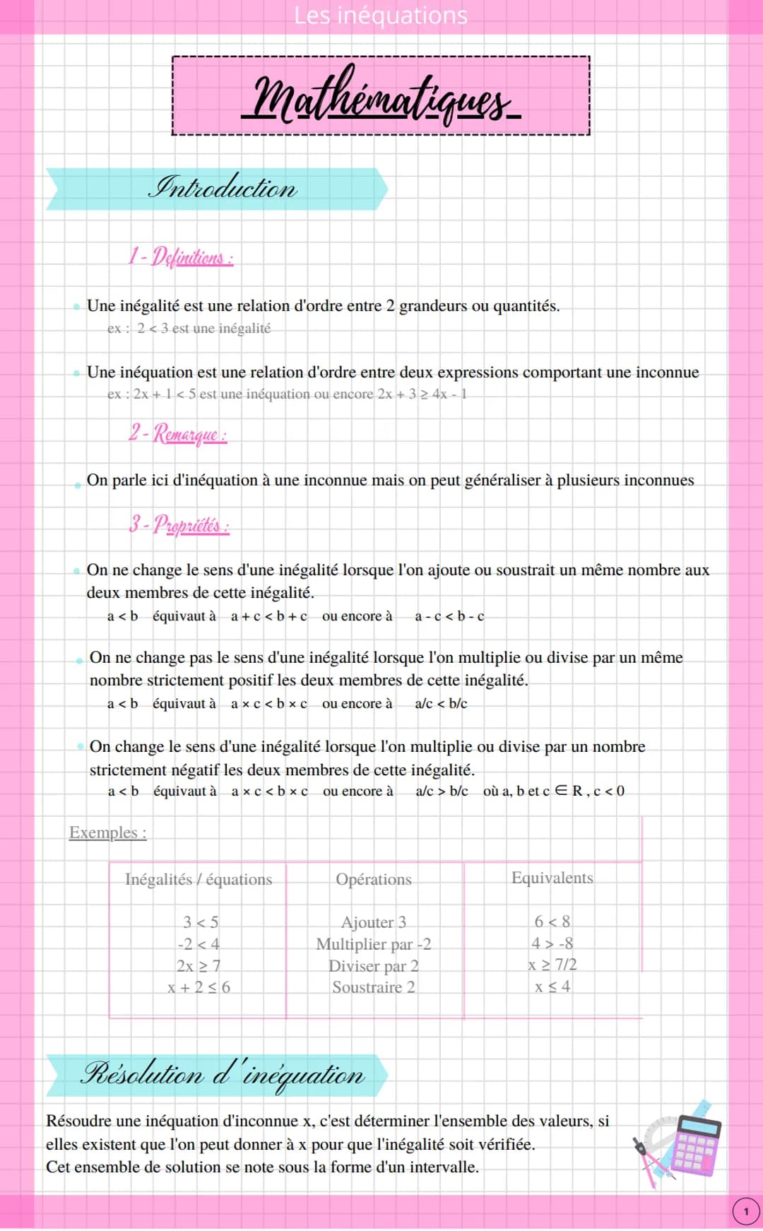 1-Definitions
Introduction
Une inégalité est une relation d'ordre entre 2 grandeurs ou quantités.
ex: 2 < 3 est une inégalité
Mathématiques
